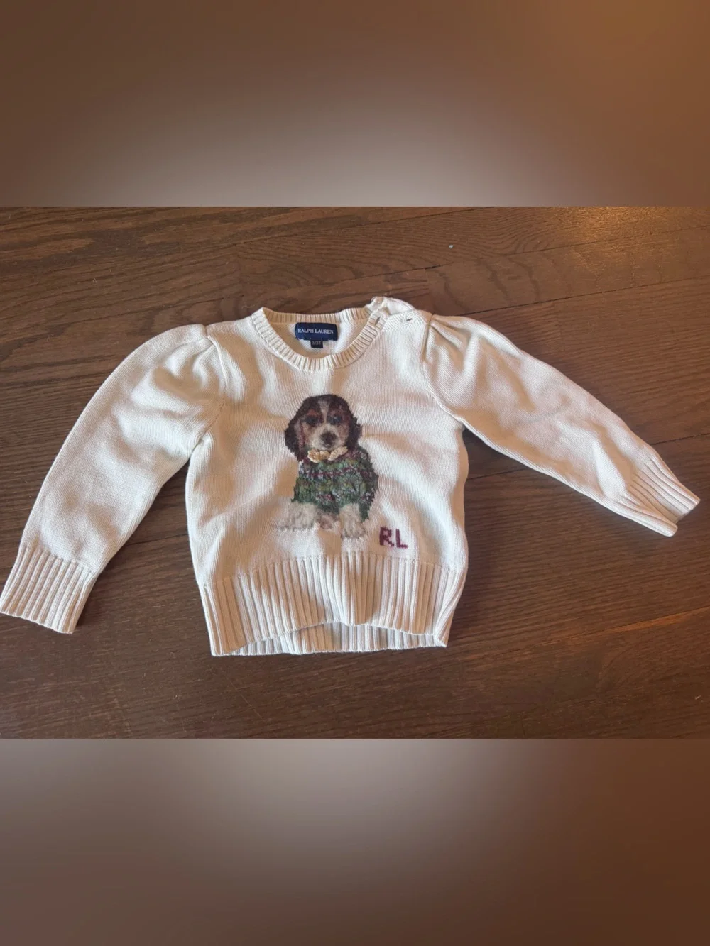 Ralph Lauren Cream Knit Sweater with Embroidered Puppy
